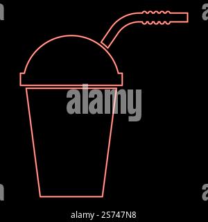 Neon geschlossener Behälter für heiße kalte Getränke mit strohrotem Farbvektor Illustration Bild flache Art Licht. Neon geschlossener Behälter für heiße kalte Getränke mit strohrotem Farbvektor Illustration Bild flach Stil Stock Vektor