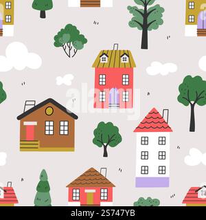Skandinavische Häuser nahtloses Muster. Niedliche kindische Gebäude im Wald und in Wolken. Trendiger scandi-Stoffdruck, dekorativer Vektor-Hintergrund. Illustration skandinavischer Häuser mit Doodle-Muster. Skandinavische Häuser nahtloses Muster. Niedliche kindische Gebäude im Wald und in Wolken. Trendiger scandi-Stoffdruck, dekorativer Vektor-Hintergrund Stock Vektor