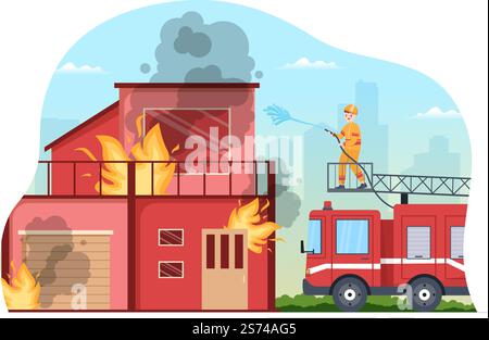 Feuerwehr mit Feuerwehrleuten, die Haus, Wald löschen und Menschen in verschiedenen Situationen helfen in flacher Hand gezeichneter Cartoon Illustration Stock Vektor