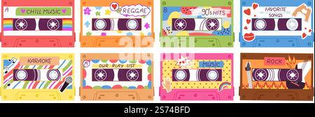 Kassette. 80er Jahre 90er Jahre Audio-Bänder, Retro-Musiktechnologie. Cartoon-Kassetten mit Aufklebern, Mix-Songs, Pop-Hits, Romantik und Disco, anständiges Vektor-Kit mit Sound-Media-Schallplattenillustration. Kassette. 80er Jahre 90er Jahre Audio-Bänder, Retro-Musiktechnologie. Cartoon-Kassetten mit Aufklebern, Mix-Songs, Pop-Hits, Romantik und Disco, anständiges Vektor-Kit Stock Vektor