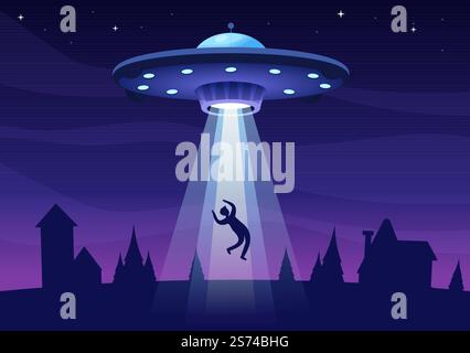 UFO fliegendes Raumschiff mit fliegender Untertasse über dem Stadthimmel Kanäle Menschen oder Tiere in flachen Cartoon Handgezeichnete Vorlagen Illustration Stock Vektor