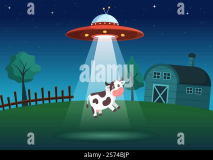UFO fliegendes Raumschiff mit fliegender Untertasse über dem Stadthimmel Kanäle Menschen oder Tiere in flachen Cartoon Handgezeichnete Vorlagen Illustration Stock Vektor