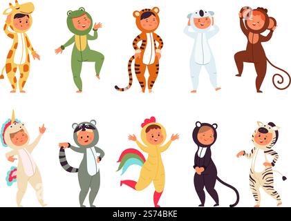 Kinder im Tierschlafanzug. Kindertragetuch für den Schlaf, lustige Pyjama oder Tierkostüme. Isolierte Person auf Spaß-Party, halloween anständige Vektor-Kinder im Kostüm des Tieres, Pyjama-Party-Illustration. Kinder im Tierschlafanzug. Kindertragetuch für den Schlaf, lustige Pyjama oder Tierkostüme. Isolierte Person auf lustiger Party, halloween anständige Vektorkinder Stock Vektor
