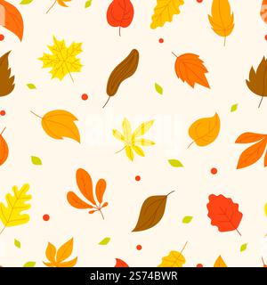 Nahtloses Muster des herbstlichen Blattes. Flach fallende orange gelbe rote Blätter. Saisonale herbstliche Kleidung, Stoffmuster. Vorlage für Natur-Hintergrund. Abbildung des nahtlosen Herbstblattes im Hintergrund. Nahtloses Muster des herbstlichen Blattes. Flach fallende orange gelbe rote Blätter. Saisonale herbstliche Kleidung, Stoffmuster. Vorlage für Natur-Hintergrund Stock Vektor