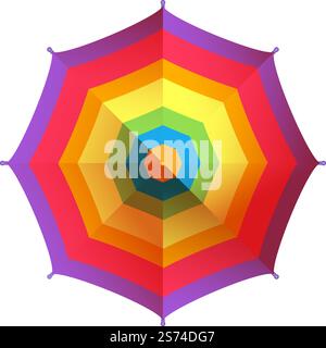Regenbogenschirm. Blick von oben auf den Sonnenschirm des Resorts auf weißem Hintergrund. Regenbogenschirm. Blick von oben auf den Sonnenschirm des Resorts Stock Vektor
