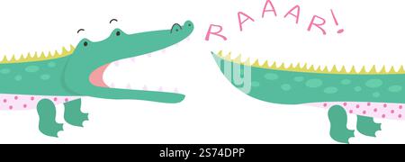 Niedliches Krokodilmuster. Grüner Alligator-Cartoon-Stil, Jungen-T-Shirt-Aufkleber. Afrikanischer Wildtierbissschwanz, isolierter skandinavischer Plakatvektor. Illustration eines T-Shirts mit Krokodilcharakter. Niedliches Krokodilmuster. Grüner Alligator-Cartoon-Stil, Jungen-T-Shirt-Aufkleber. Afrikanische Wildtierbissschwanz, isolierte skandinavische heute Plakatvektorvorlage Stock Vektor