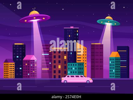 UFO fliegendes Raumschiff mit Lichtstrahlen in Sky Night City View und Alien in Flat Cartoon Handgezeichnete Vorlagen Illustration Stock Vektor