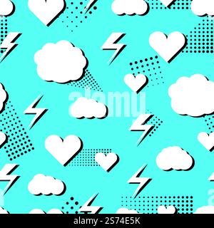 Wolken, Blitz und Herzen. Trendiges, nahtloses Pop-Art-Muster. Dekorativer Druck, Halbtoneffekt und Beleuchtung. Retro-Mode 80er Jahre Vektor Textur. Illustration von Herz und Wolke, künstlerischer Hintergrund. Wolken, Blitz und Herzen. Nahtloses Pop Art-Muster im trendigen Stil. Dekorativer Druck, Halbtoneffekt und Beleuchtung. Retro-Mode 80er Jahre Vektor Textur Stock Vektor