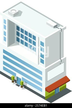 Isometrisches Großstadtgebäude. Modernes Glashaus isoliert auf weißem Hintergrund. Isometrisches Großstadtgebäude. Modernes Glashaus Stock Vektor