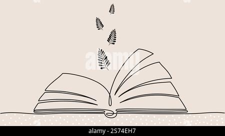 Einzeiliges Buchdesign. Geöffnetes Notizbuch und umherfliegende Blätter oder Zweige. Schulbildung, Online-Bibliothek Lesekonzept. Einfache trendige Hintergrundbuchzeichnung Monolinie-Illustration. Einzeiliges Buchdesign. Geöffnetes Notizbuch und umherfliegende Blätter oder Zweige. Schulbildung, Online-Bibliothek Lesekonzept. Schlichter trendiger Hintergrund Stock Vektor
