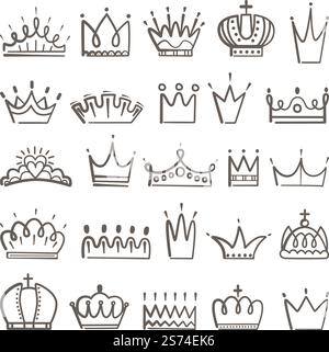 Königliche Doodle-Symbole. Kronen-Skizze, Krone diadema tiara für König, Prinzessin oder Prinzessin. Isoliertes Luxus-Business-Logo, Baby-neoterische Vektor-Embleme. Illustration der Symbolskizze Kronenkritzelung. Königliche Doodle-Symbole. Kronen-Skizze, Krone diadema tiara für König, Prinzessin oder Prinzessin. Isoliertes Luxus-Business-Logo, Baby-neoterische Vektor-Embleme Stock Vektor