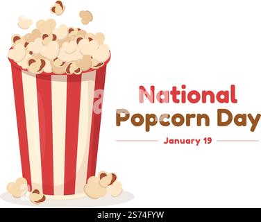 National Popcorn Day am 19.. Januar mit einer großen Box mit roten und weißen Streifen in flachen Cartoon-Hintergrund handgezeichnete Vorlagen Illustration Stock Vektor