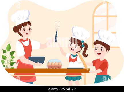 Kochschule mit Kindern und Lehrer in einer Klasse lernen, Köche zu lernen hausgemachte Speisen auf flachen Cartoon Handgezeichnete Vorlagen Illustration Stock Vektor