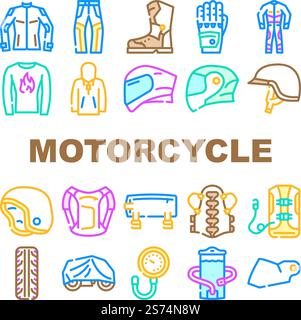 Motorradzubehör Biker-Symbole setzen Vektor. Ausrüstung Helm, Motorradsport, Fahrermotor, Jacke Leder, Reise, Straßenmotorradzubehör, farbige Illustrationen für Biker. Motorradzubehör Biker-Symbole setzen Vektor Stock Vektor