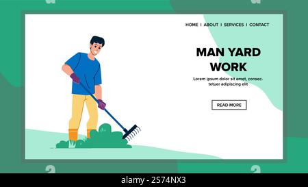 Arbeitsvektor des Mannes. Gartengras, grüner Rasen, männlicher Arbeiter, geschnittener Hinterhof, Instandhalter Mann Hof Arbeit Web flache Karikaturillustration. Arbeitsvektor des Mannes Stock Vektor