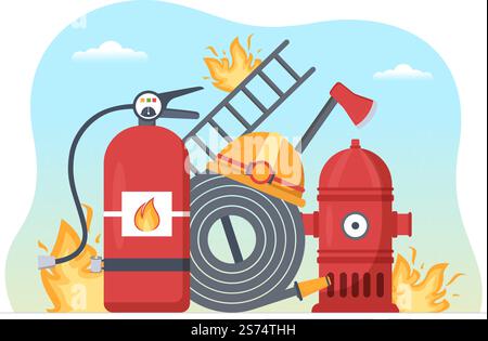 Feuerwehr mit Feuerwehrleuten, die Haus, Wald löschen und Menschen in verschiedenen Situationen helfen in flacher Hand gezeichneter Cartoon Illustration Stock Vektor