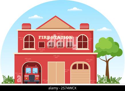 Feuerwehr mit Feuerwehrleuten, die Haus, Wald löschen und Menschen in verschiedenen Situationen helfen in flacher Hand gezeichneter Cartoon Illustration Stock Vektor