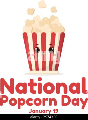 National Popcorn Day am 19.. Januar mit einer großen Box mit roten und weißen Streifen in flachen Cartoon-Hintergrund handgezeichnete Vorlagen Illustration Stock Vektor