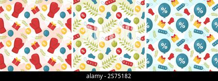 Set von Boxing Day Verkauf Nahtloses Muster-Design mit Handschuh und Geschenkbox für Promotion oder Shopping auf Vorlage Hand gezeichnet Cartoon flache Illustration Stock Vektor
