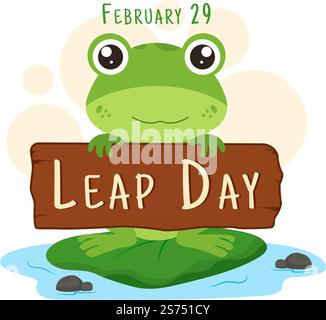 Happy Leap Day am 29. Februar mit der Illustration „Cute Frog in Flat Style Cartoon Hand Drawn Background Templates“ Stock Vektor