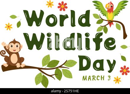 Welttag der Tierwelt am 3.. März, um das Bewusstsein für Tiere zu schärfen, ihr Habitat in Forest in Flat Cartoon handgezeichnete Vorlage zu Pflanzen und zu erhalten Stock Vektor