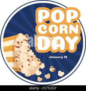 National Popcorn Day am 19.. Januar mit einer großen Box mit roten und weißen Streifen in flachen Cartoon-Hintergrund handgezeichnete Vorlagen Illustration Stock Vektor