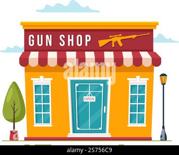 Waffengeschäft oder Jagd mit Gewehr, Kugel, Waffe und Jagdausrüstung in flacher Cartoon Handgezeichnete Vorlagen Illustration Stock Vektor
