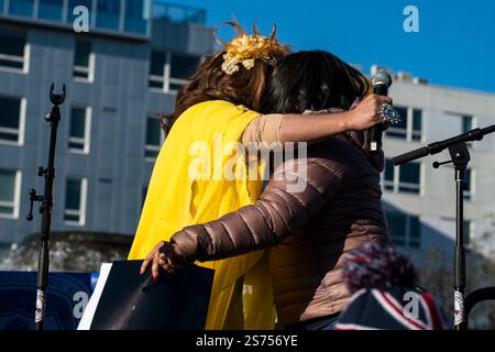 Seattle, USA. Januar 2025. Große Beteiligung für den Frauen- und völkermarsch auf dem Capitol Hill vor der Amtseinführung von Donald Trump. Die Leute trafen sich im Cal Anderson Park und marschierten die Pine St. hinauf zur Space Needle. James Anderson/Alamy Live News Stockfoto