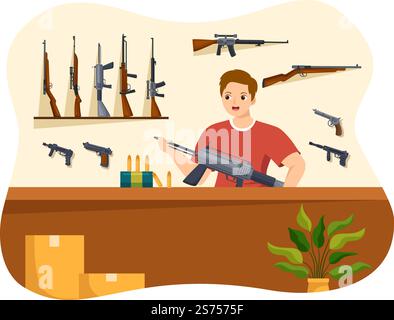Waffengeschäft oder Jagd mit Gewehr, Kugel, Waffe und Jagdausrüstung in flacher Cartoon Handgezeichnete Vorlagen Illustration Stock Vektor