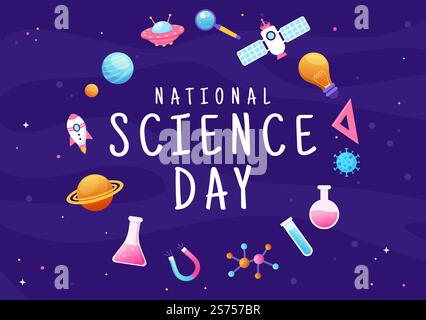 National Science Day 28. Februar über chemische Flüssigkeiten, Wissenschaft, Medizin und Forschung in flachen Cartoon handgezeichnete Vorlagen Illustration Stock Vektor