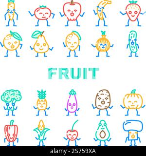 Obst Gemüse Charakter Lebensmittel Symbole setzen Vektor. Papierarbeiten, Informationsordner, Auftragscomputer, digitale Technologie, Corporate Frucht Gemüsesorten Charakter Lebensmittel farbige Linien Illustrationen. Obst Gemüse Charakter Lebensmittel Symbole setzen Vektor Stock Vektor