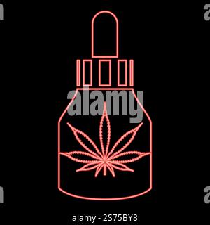 Neon Marihuana Medizin Öl zu Marihuana CBD Cannabis Farm Flasche rote Farbe Vektor Illustration Bild flache Art Licht. Neon Marihuana Medizin Öl zu Marihuana CBD Cannabis Farm Flasche rote Farbe Vektor Illustration Bild flache Art Stock Vektor
