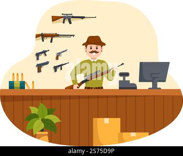Waffengeschäft oder Jagd mit Gewehr, Kugel, Waffe und Jagdausrüstung in flacher Cartoon Handgezeichnete Vorlagen Illustration Stock Vektor