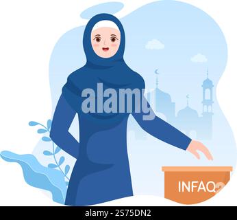 Muslimische Menschen spenden Almosen, Zakat oder Infaq an eine Person, die sie benötigt, in der Abbildung „Flat Cartoon Poster Hand Drawn Templates“ Stock Vektor