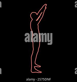 Neon Mann mit Armen erhöhte Sportler erhobene Hände Seitenansicht Symbol schwarze Farbe Vektor Illustration flache Art einfache Vorstellung Kreis Runde rote Farbe Vektor Illustration Bild flache Art Licht. Neon Mann mit Armen erhöht Sportler erhobene Hände Seitenansicht Symbol schwarze Farbe Illustration im Kreis Runde rote Farbe Vektor Illustration Bild flach Stil Stock Vektor