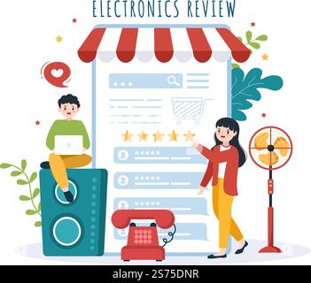 Überprüfung der Elektronik mit Kundenbewertung der Servicequalität oder der Anwendung und Abgabe von Feedback in einer flachen, handgezeichneten Schablone Stock Vektor
