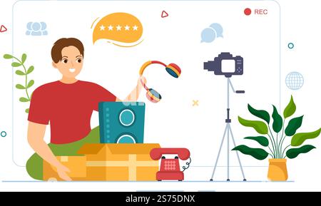 Überprüfung der Elektronik mit Kundenbewertung der Servicequalität oder der Anwendung und Abgabe von Feedback in einer flachen, handgezeichneten Schablone Stock Vektor