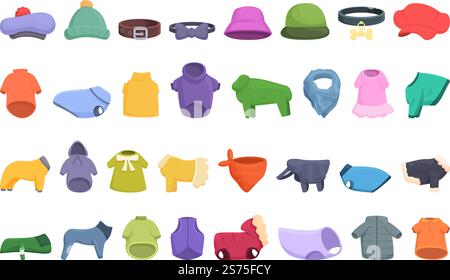 Kleidung für Katzen und Hunde Ikonen Set Cartoon Vektor. Tierladen. Halsband, Haustier. Kleidung für Katzen und Hunde Ikonen Set Cartoon Vektor. Tierladen Stock Vektor