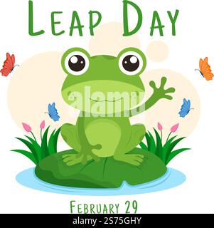 Happy Leap Day am 29. Februar mit der Illustration „Cute Frog in Flat Style Cartoon Hand Drawn Background Templates“ Stock Vektor