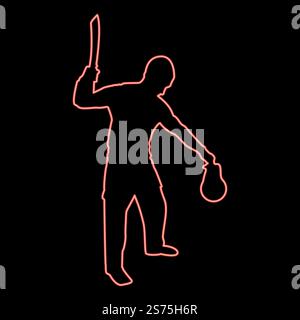 Neon Mann mit Schwert Machete Kalte Waffen in der Hand Soldat Soldat Soldat in verschiedenen Positionen Hunter mit Messer Kampf stellt starke Verteidiger Krieger Konzept Waffen stehend halten Sache rote Farbe Vektor Illustration Bild flache Stil Licht. Neon Mann mit Schwert Machete Kalte Waffen in der Hand Soldat Soldat Soldat in Positionen Hunter mit Messer Kampf Posts starker Verteidiger Krieger Konzept Waffen Stand halten Sache rote Farbe Vektor Illustration Bild flach Stil Stock Vektor