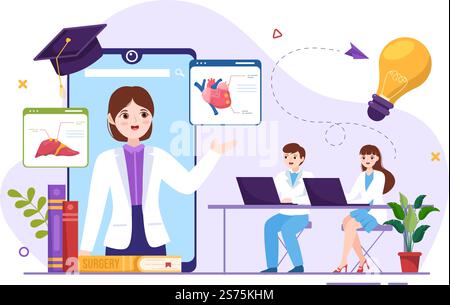 Medizinstudium mit Schülern, die Doktorlehrgang und Lernwissenschaften im Klassenzimmer in flacher Cartoon handgezeichnete Vorlage Illustration hören Stock Vektor