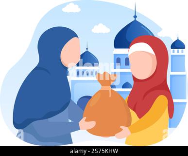 Muslimische Menschen spenden Almosen, Zakat oder Infaq an eine Person, die sie benötigt, in der Abbildung „Flat Cartoon Poster Hand Drawn Templates“ Stock Vektor