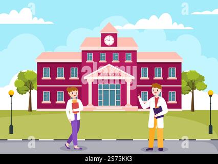 Medizinstudium mit Schülern, die Doktorlehrgang und Lernwissenschaften im Klassenzimmer in flacher Cartoon handgezeichnete Vorlage Illustration hören Stock Vektor