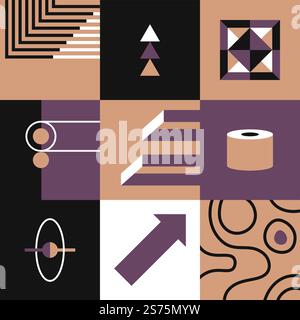 Abstrakte Formen und Formen in Quadraten, geometrischer Druck. Dreiecke, Kreise und gekrümmte Linien, Pfeil und Zeiger, zeitgenössisches Hintergrunddesign. Vektor in abgewickelter Darstellung. Modernes abstraktes Design in Quadraten, Druckvektor Stock Vektor