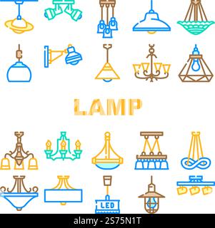 Lampe Deckenleuchte Innenraum Heim Symbole Vektor setzen. Zimmerlampe, Dekor Kronleuchter, elektrische Wand, helle Dekoration, Metalllampe Deckenleuchte Innenbeleuchtung in Farbe Linien Illustrationen. Lampe Deckenleuchte Innenraum Heim Symbole Vektor setzen Stock Vektor