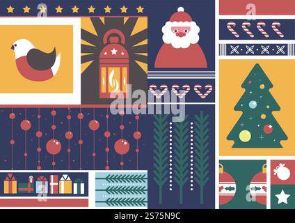 Weihnachtsfeierlichkeiten, Weihnachten und Neujahr. Weihnachtsmann und Laterne mit Lichtern. Bullfink und Kiefer mit Kugeln und Girlanden Dekor. Zweige und Geschenke. Vektor in abgewickelter Form. Weihnachten und Neujahr, Weihnachtsfeierlichkeiten Stock Vektor