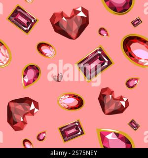 Edelsteine und Edelsteine, Brillanten und Smaragde, Diamanten besetzt. Teurer Schmuck und Reichtum, Reichtum und Reichtum. Nahtlose Muster-, Hintergrund- oder Drucktapete. Vektor in abgewickelter Form. Edelsteine und Edelsteine, Brillanten und Smaragde Stock Vektor