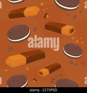 Gebäck und Süßwaren, Kekse und Kekse mit Schokoladenbelag und Sahne. Cracker und leckeres Dessert, Süßigkeiten aus dem Laden. Nahtloses Muster, Hintergrund- oder Hintergrundbild. Vektor in abgewickelter Form. Kekse und Kekse mit Schokolade und Sahne Stock Vektor