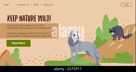 Blog mit Informationen über Arten und Pflanzen. Umwelt- und Umweltbewusstsein. Die Natur bleibt wild und unberührt. Vorlage für Website-Landing-Page, Internet-Sites. Vektor in abgewickelten Formaten. Halten Sie die Natur frei, bloggen Sie über Flora und Fauna Stock Vektor