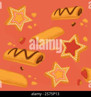 Gebäck und Süßwaren, Kekse und Kekse mit Schokoladenbelag und Sahne. Cracker und leckeres Dessert, Süßigkeiten aus dem Laden. Nahtloses Muster, Hintergrund- oder Hintergrundbild. Vektor in abgewickelter Form. Kekse und Kekse mit Schokolade und Sahne Stock Vektor